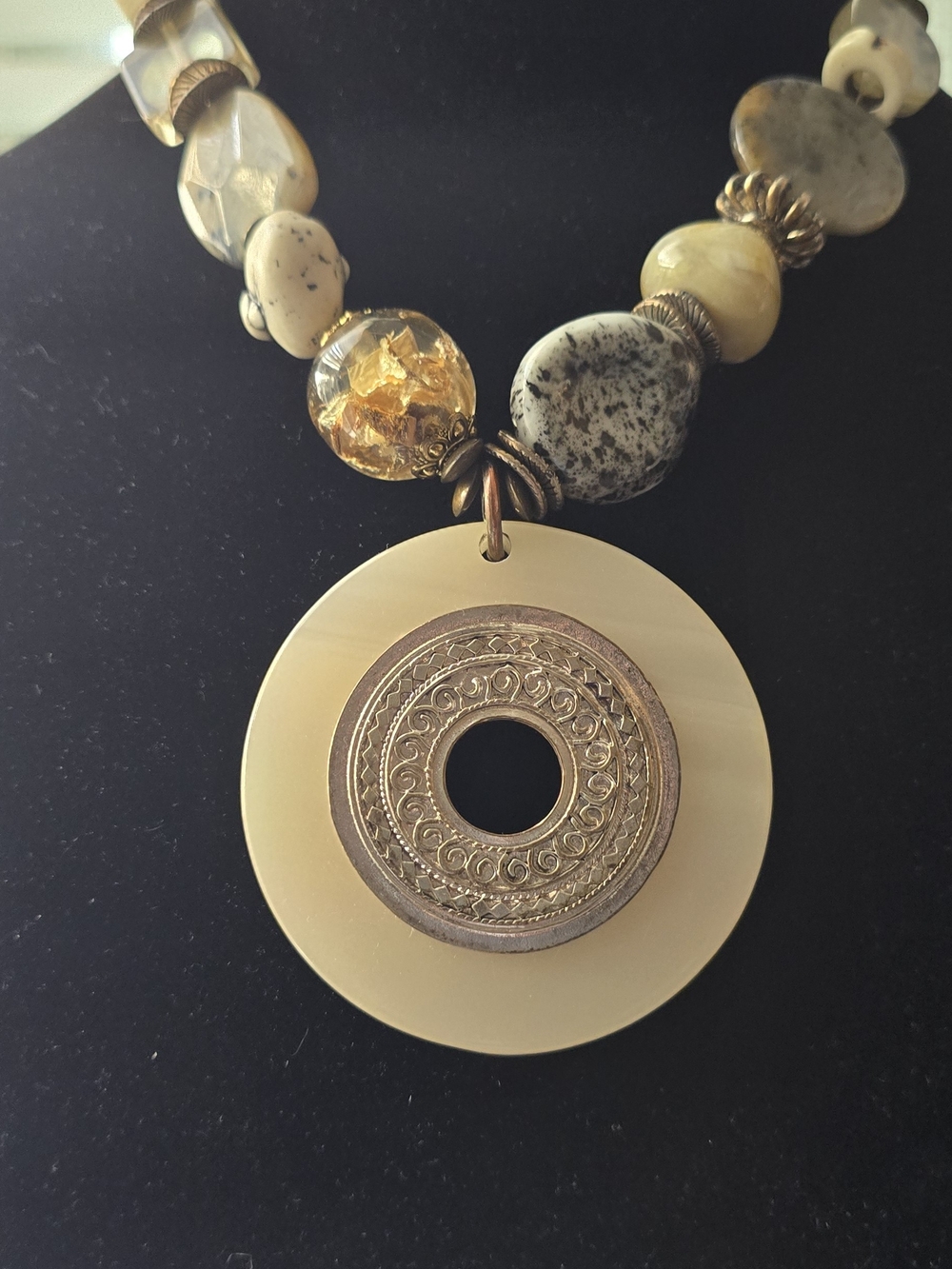 Treska Cream Gold Medallion Beaded Statement Necklace Boho